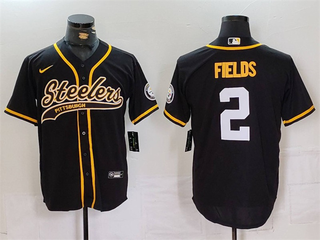 Men's Pittsburgh Steelers #2 Justin Fields Black With Patch Cool Base Stitched Baseball Jersey